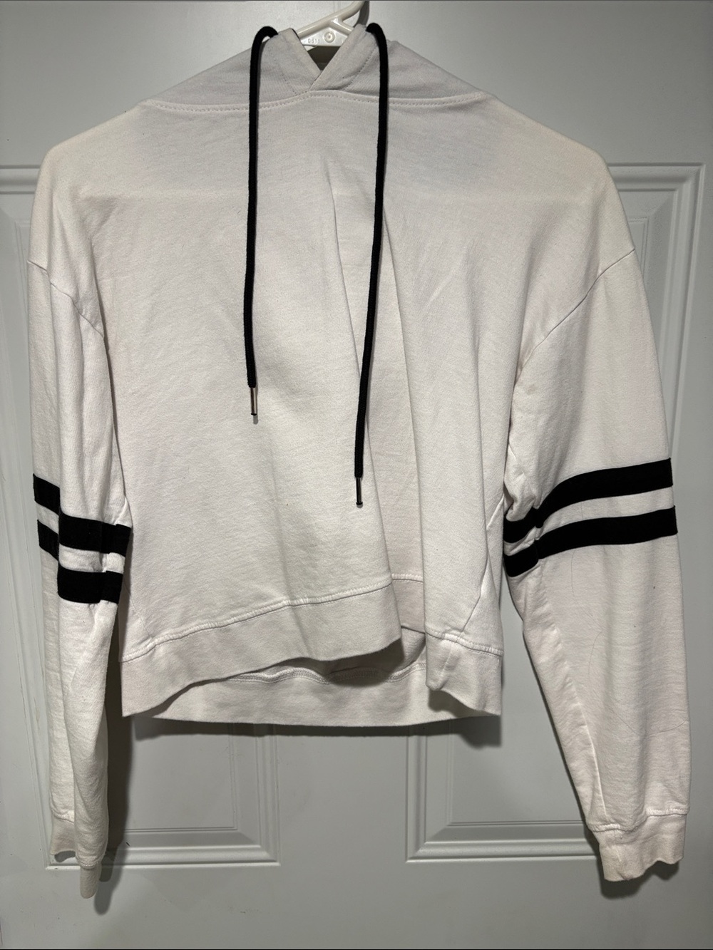 Women's Cropped Crewneck Hoodie Sweater - White with Black Stripes
